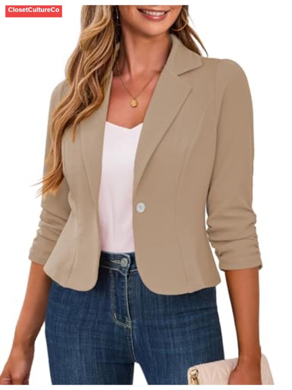 Cropped Blazer 3/4 Ruched Sleeve Business Casual Lightweight Blazer